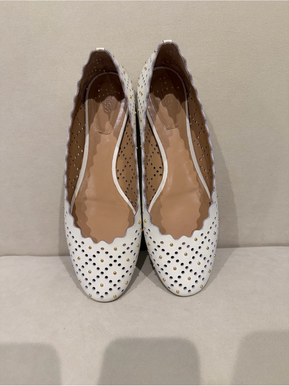 White Perforated Scallop Ballet Flats - White